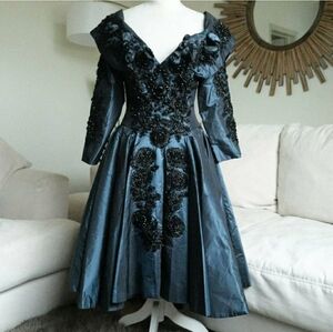 Vintage Eavis & Brown London Indigo Blue Beaded Designer Evening Gown